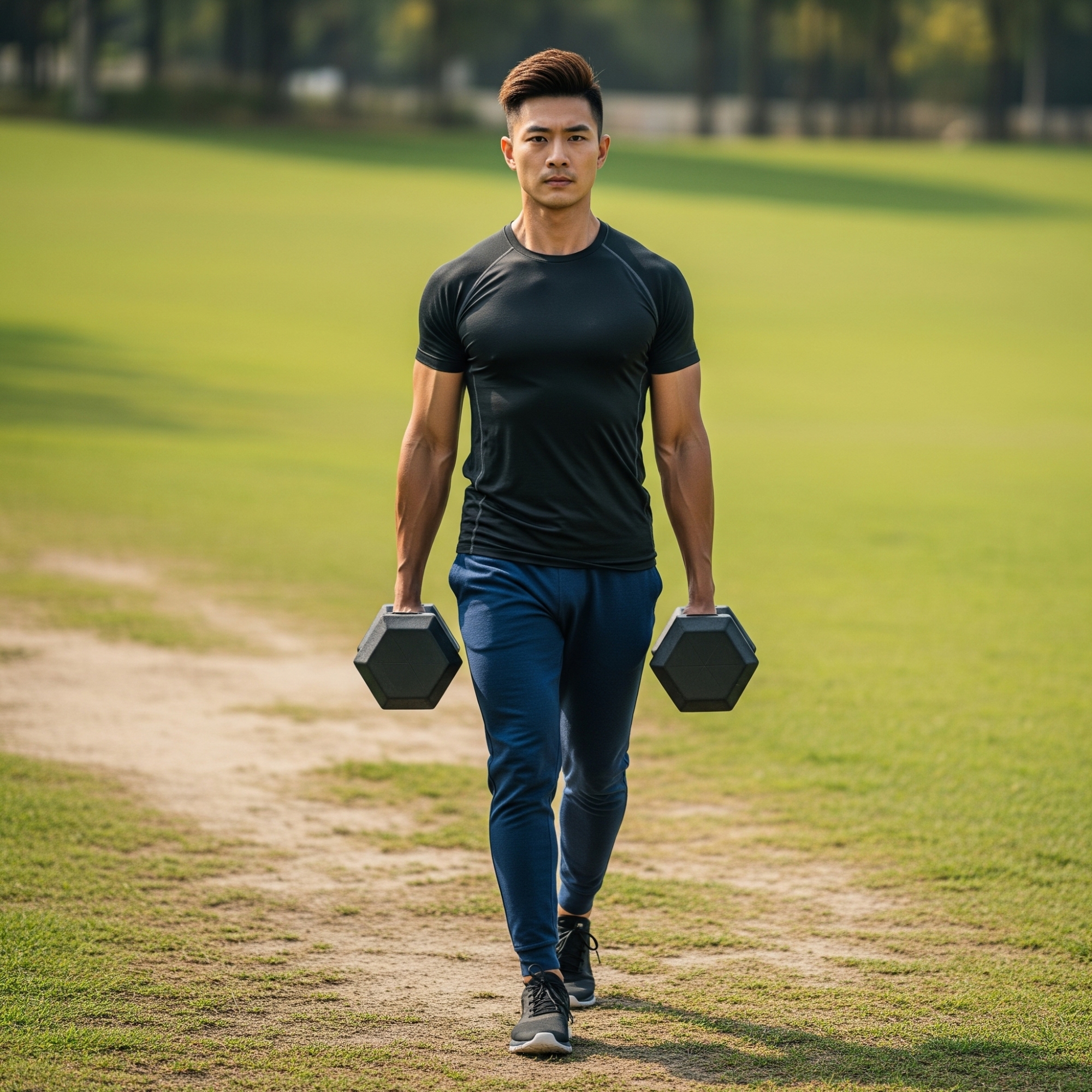 A man in workout clothes performing a farmer's walk on a grassy field, carrying a heavy hexagonal dumbbell in each hand.