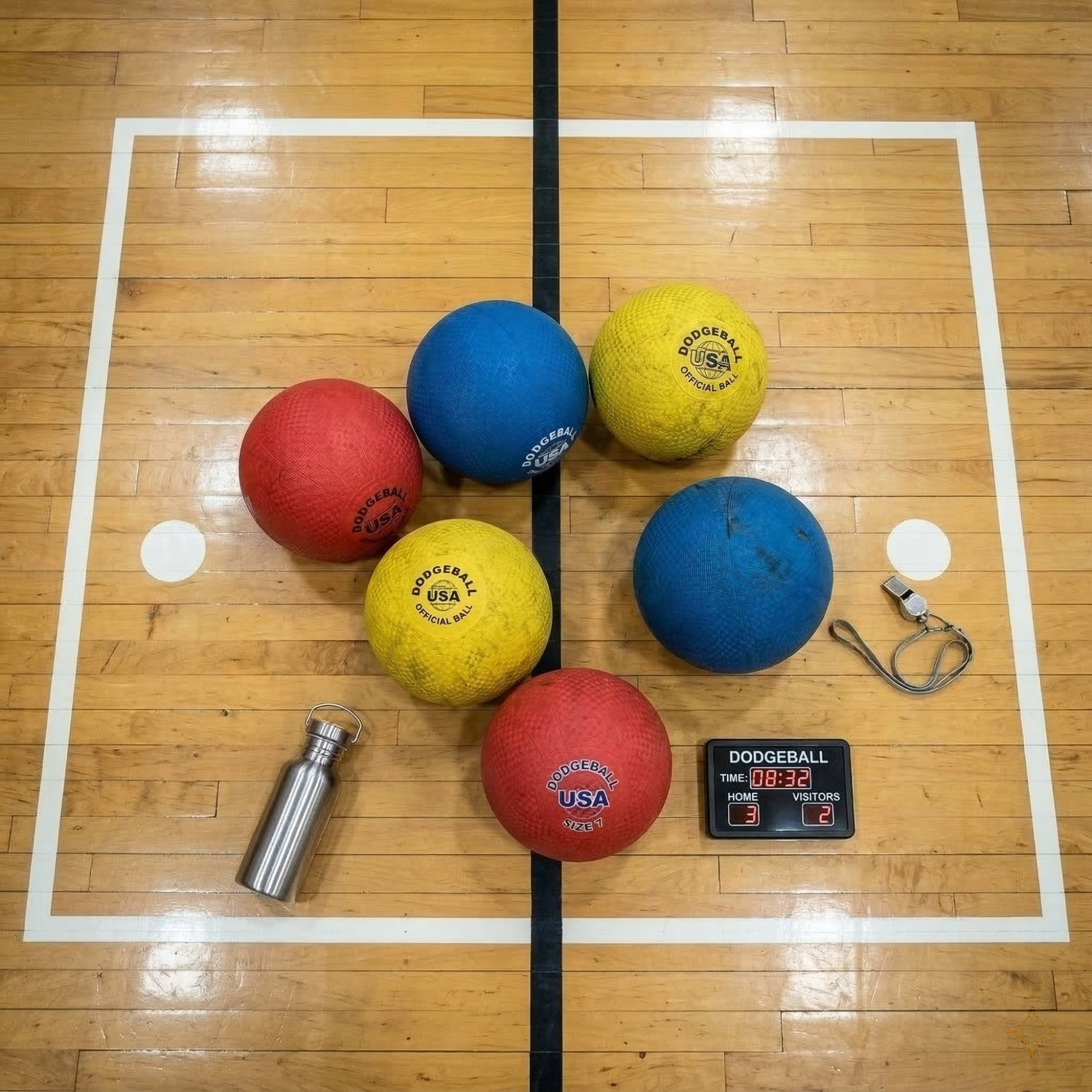 Display of dodgeball equipment.