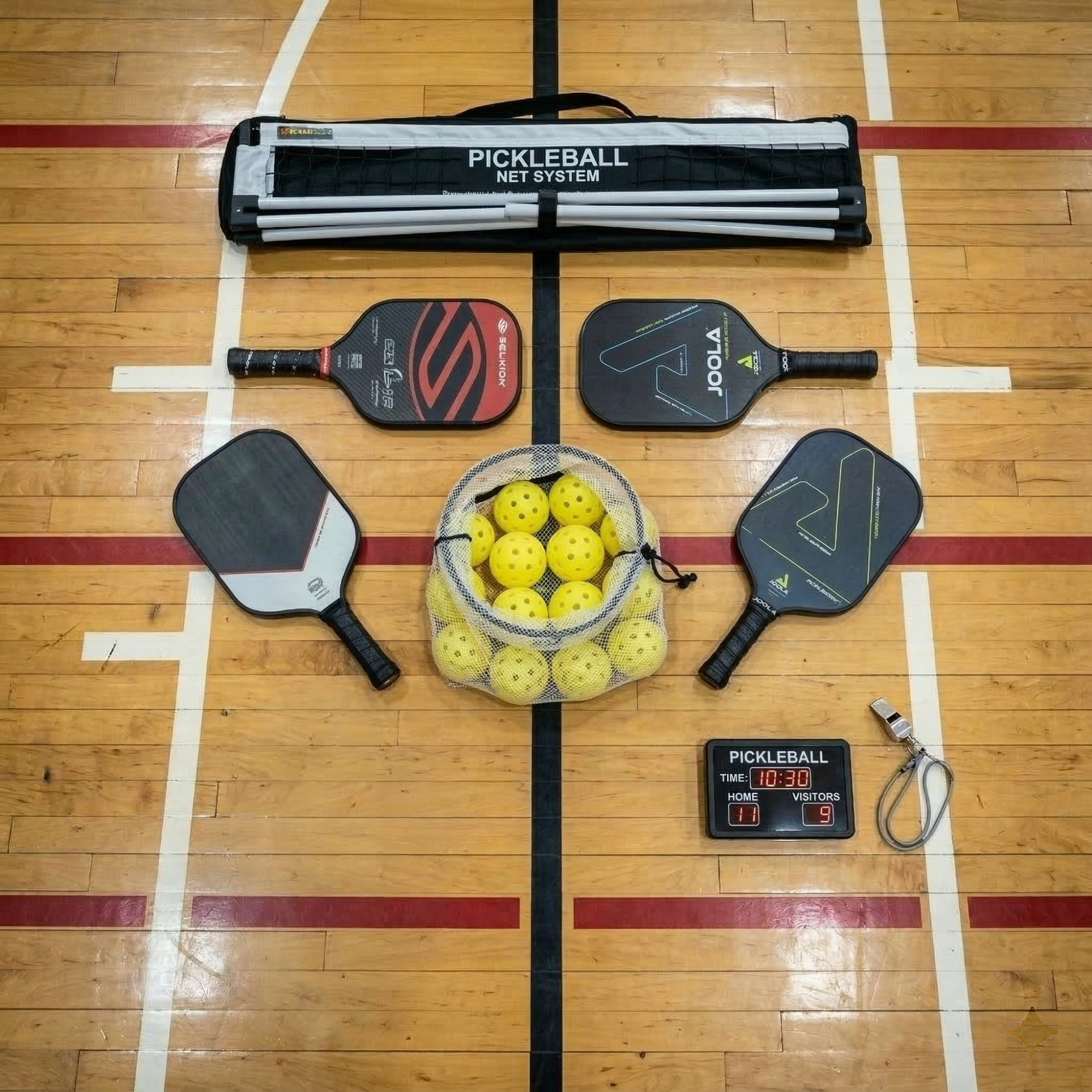 Display of pickleball equipment.