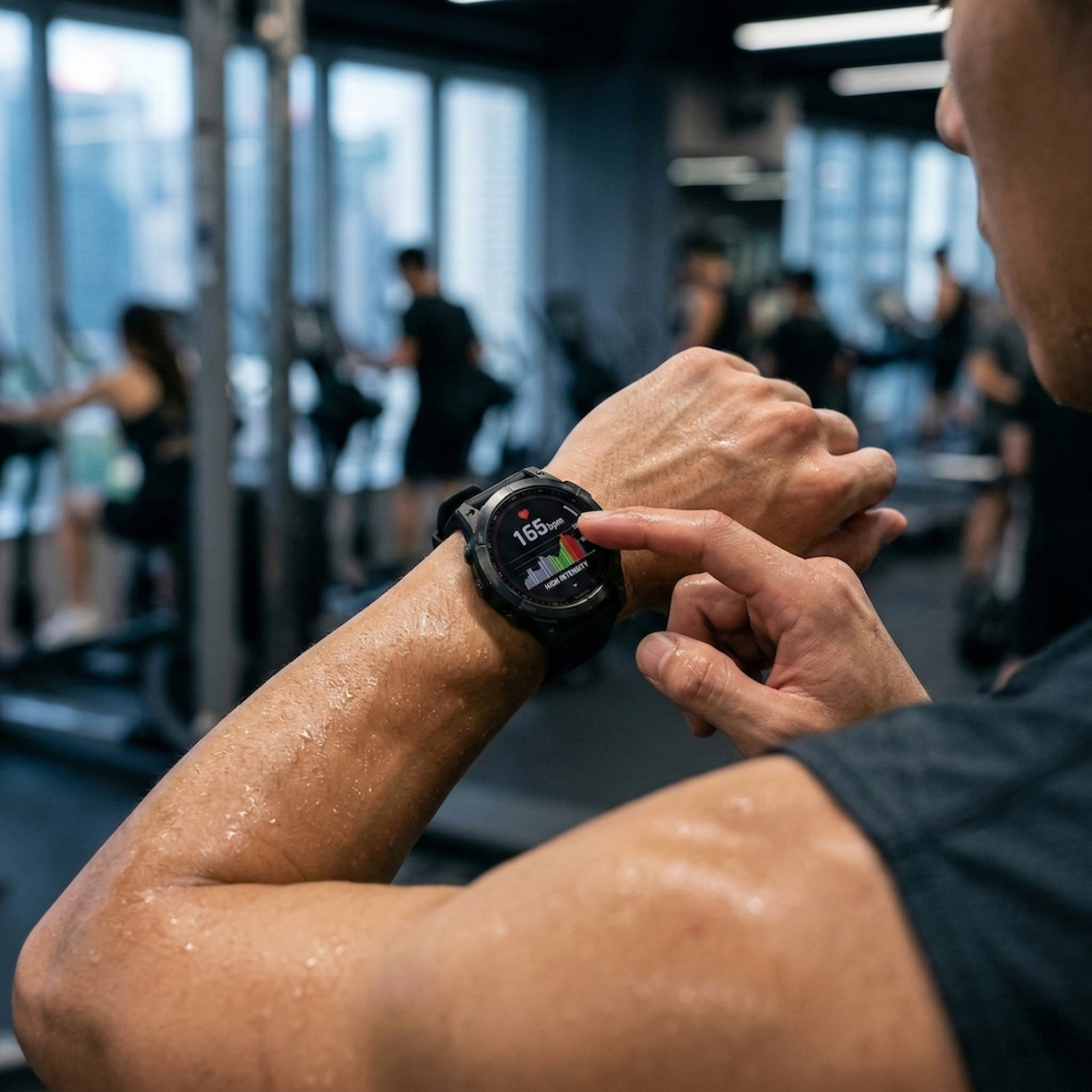 A sports smartwatch screen displaying high heart rate values, representing the ideal heart rate zone for High-Intensity Interval Training (HIIT).