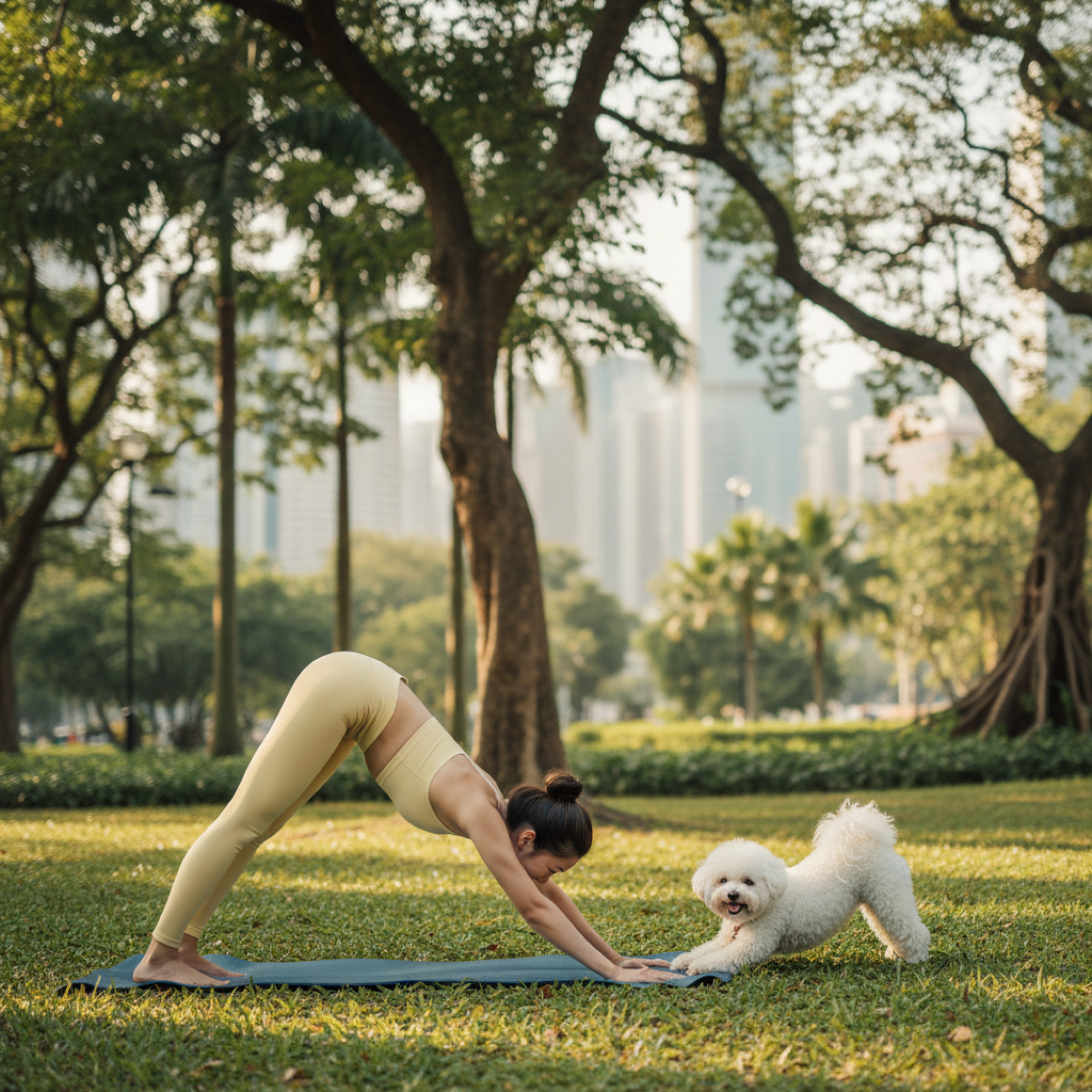 On a lush green park lawn in a bustling area of Hong Kong, an Asian woman in light yellow yoga attire has rolled out her yoga mat and is performing the Downward-Facing Dog stretch. Beside her, a white Bichon Frise mimics its owner, performing a stretching movement in sync. Sunlight casts mottled shadows through the leaves. Modern urban buildings and park greenery are visible in the background. The scene is quiet and harmonious, fully demonstrating the synergy of "Doga".