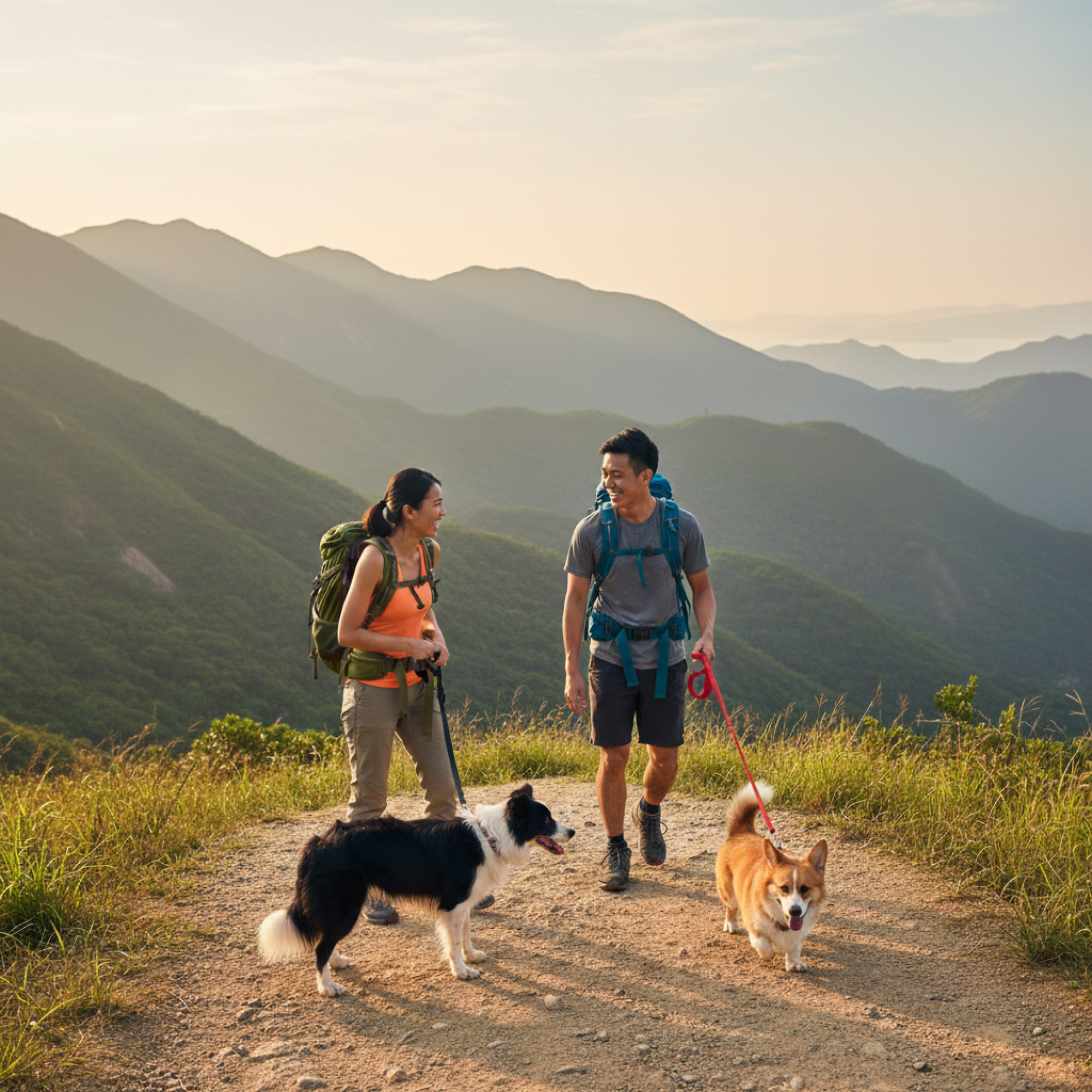 On a famous country park hiking trail in Hong Kong, a young Asian couple wearing professional outdoor sportswear and hiking backpacks are each holding a leash, leading two lively small dogs up the mountain. The image captures a heartwarming moment as they look back and laugh together. The background features layers of lush green mountains, presenting a healthy lifestyle that loves nature.