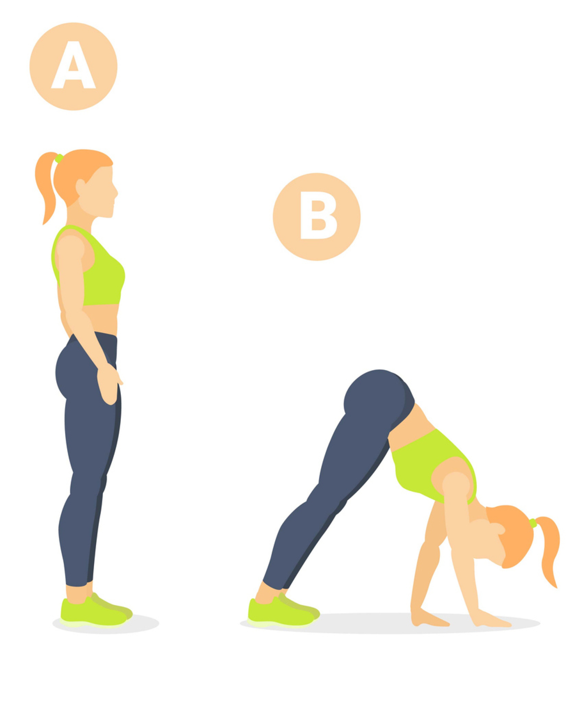 iStock-1345476466.jpg Inchworm warm-up breakdown diagram, showing four continuous steps from standing forward bend to walking hands out to high plank, effectively stretching hamstrings and activating core.